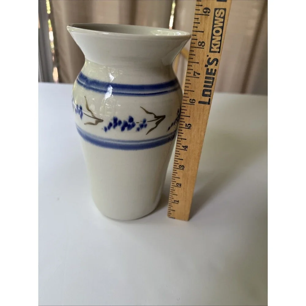 Clay stoneware Vase Floral berries blue Vines CS (??) signed Pottery Studio Art